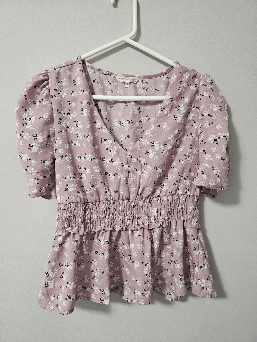 Indulge Instyle Pink Ditsy Floral Smocked Waist Blouse